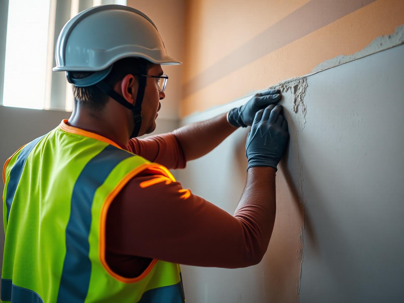 Maestro constructor aplicando estuco en el muro de una obra menor